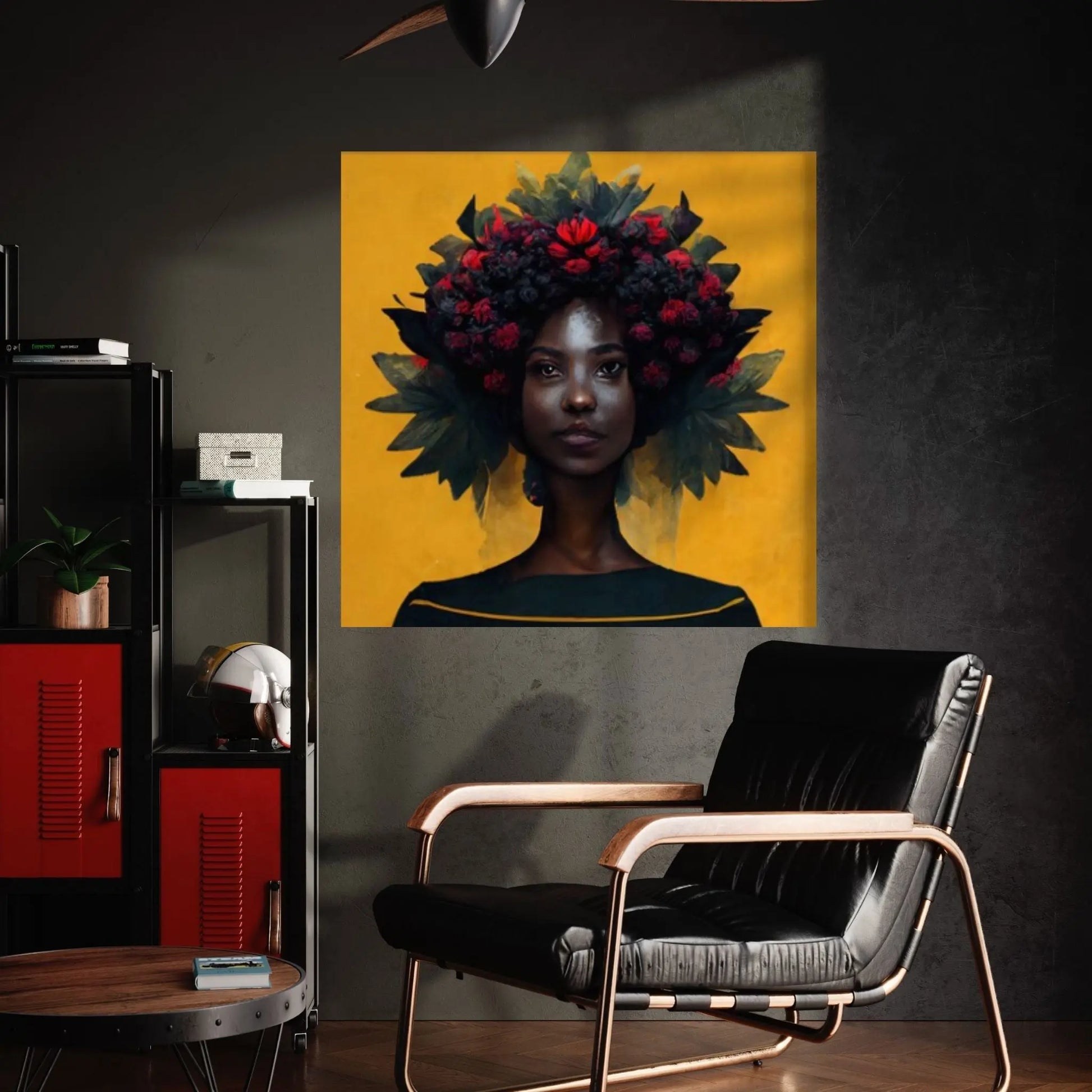 Black woman head flowers Canvas wall art,Black art, Black girl print, flower woman painting, Girl Flowers Poster - Y Canvas