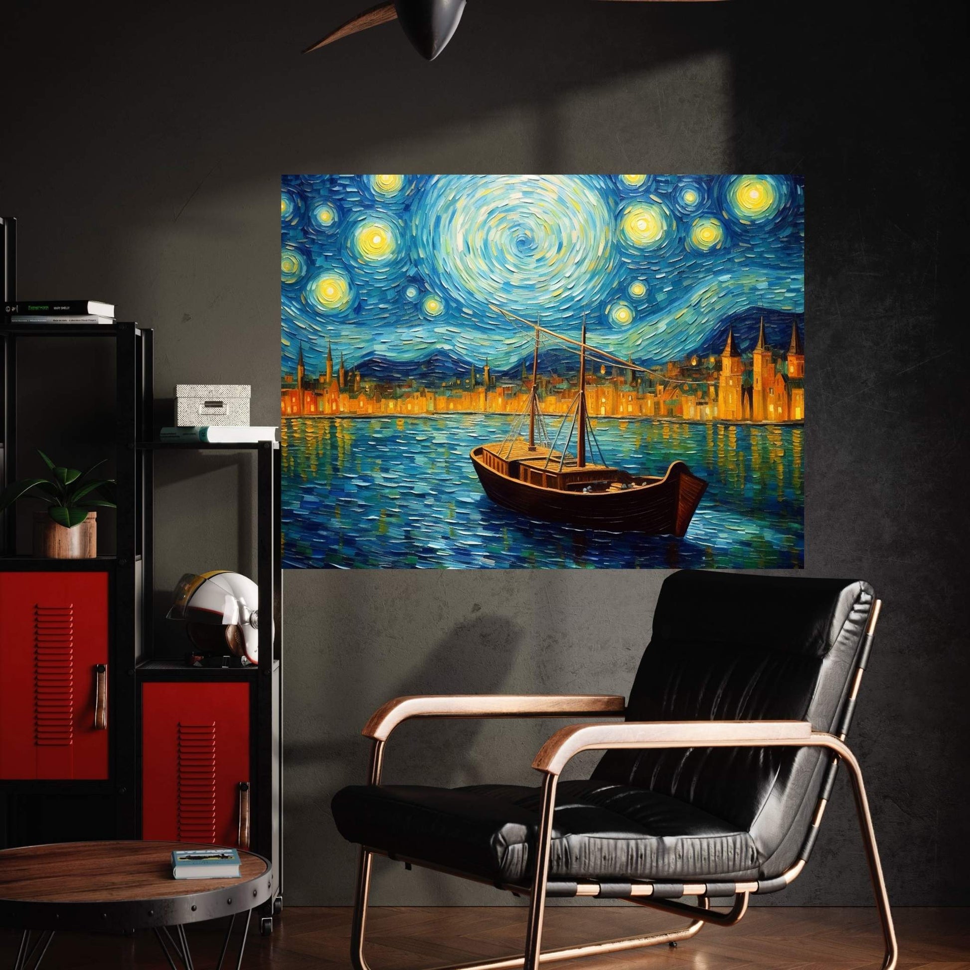 Van Gogh Style Starry Nigt Boat Ship Landscape Reproduction Canvas Wall Art - Y Canvas